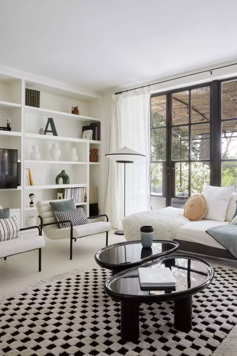 salon design noir et blanc tables basses organiques